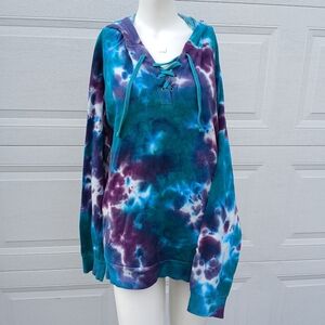 Hot Topic Size XL Tie Dye Hoodie Teal Purple Hooded Sweatshirt Shirt Top womens